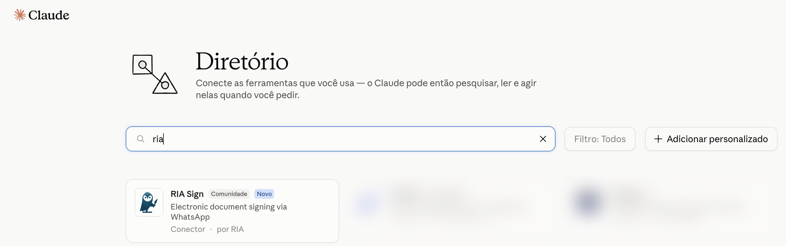 O RIA Sign no diretório oficial de conectores do Claude, na busca por "ria" (7 de outubro de 2026)
