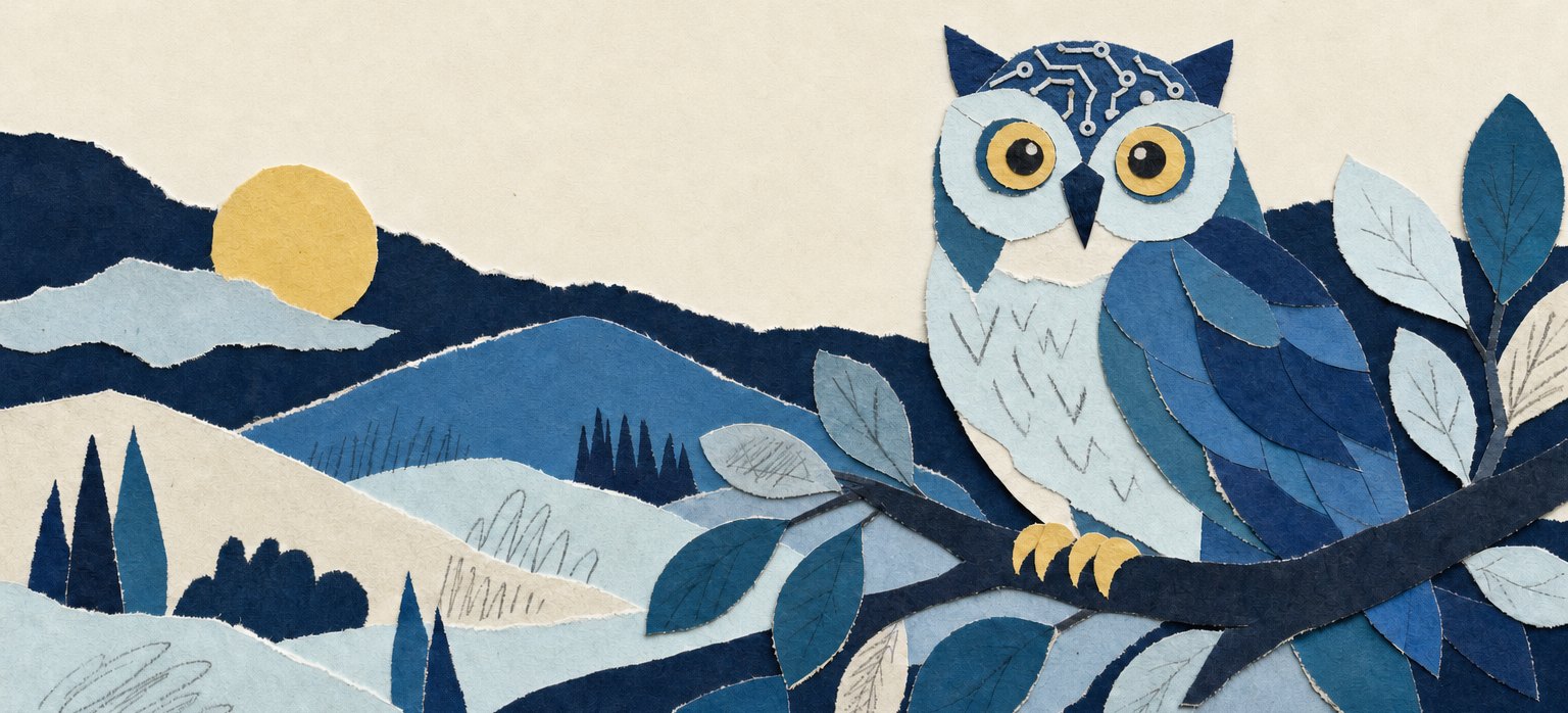 Ilustração em colagem de papel: uma coruja num galho, sob a lua, em tons de azul.