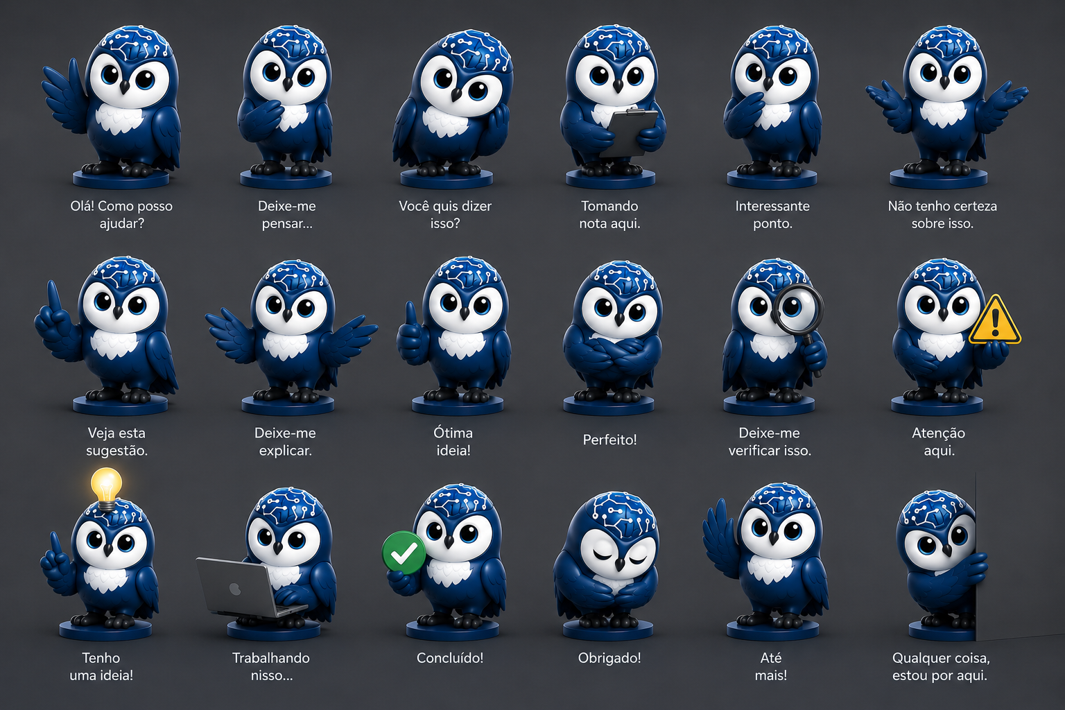 Sheet with 18 assistant poses of the owl