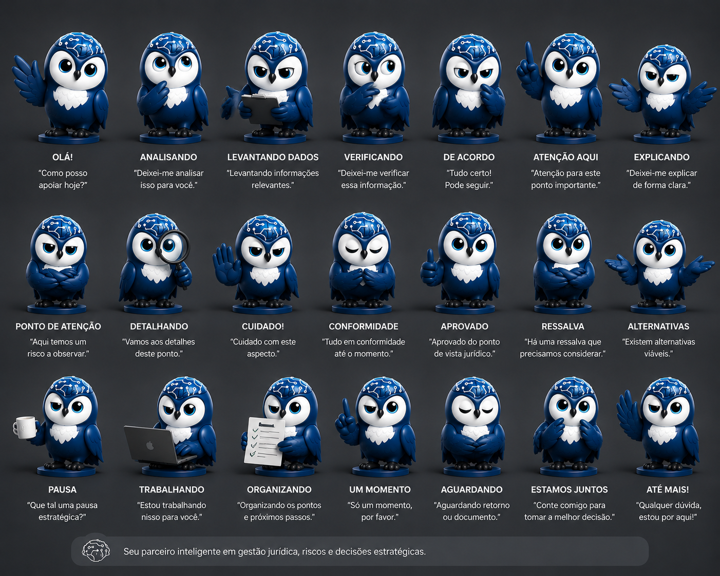 Sheet with 21 legal poses of the owl