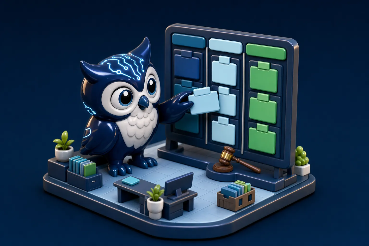 3D diorama: the owl organizing the pipeline and cases in the CRM