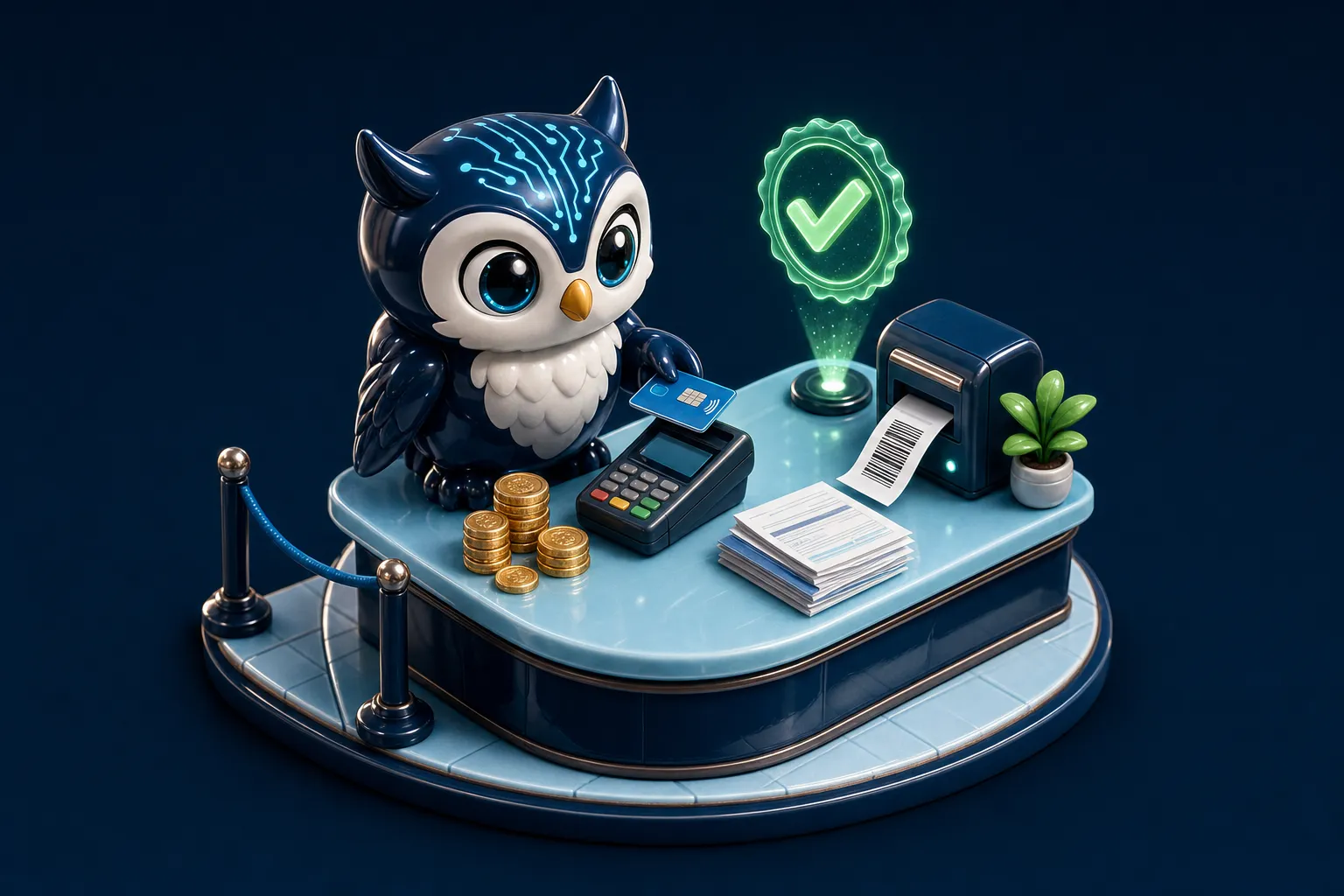 3D diorama: the owl at the register, collecting payments