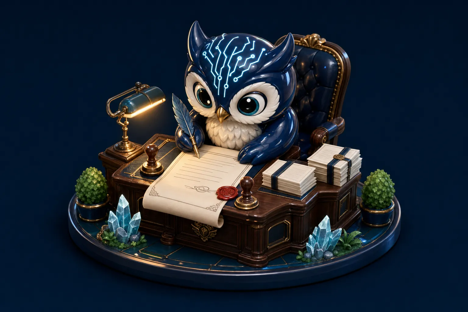 3D diorama: the owl at the desk drafting contracts and powers of attorney