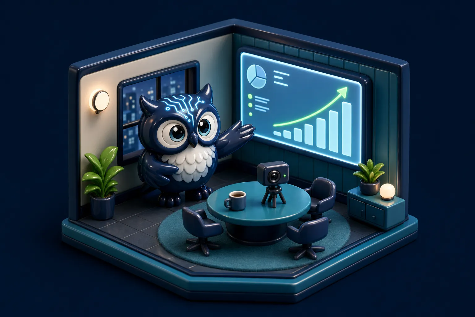 3D diorama: the owl presenting results in the meeting room
