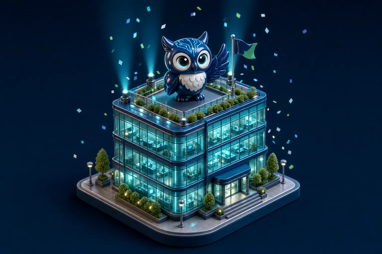 3D diorama: the owl on top of the whole office, run by AI